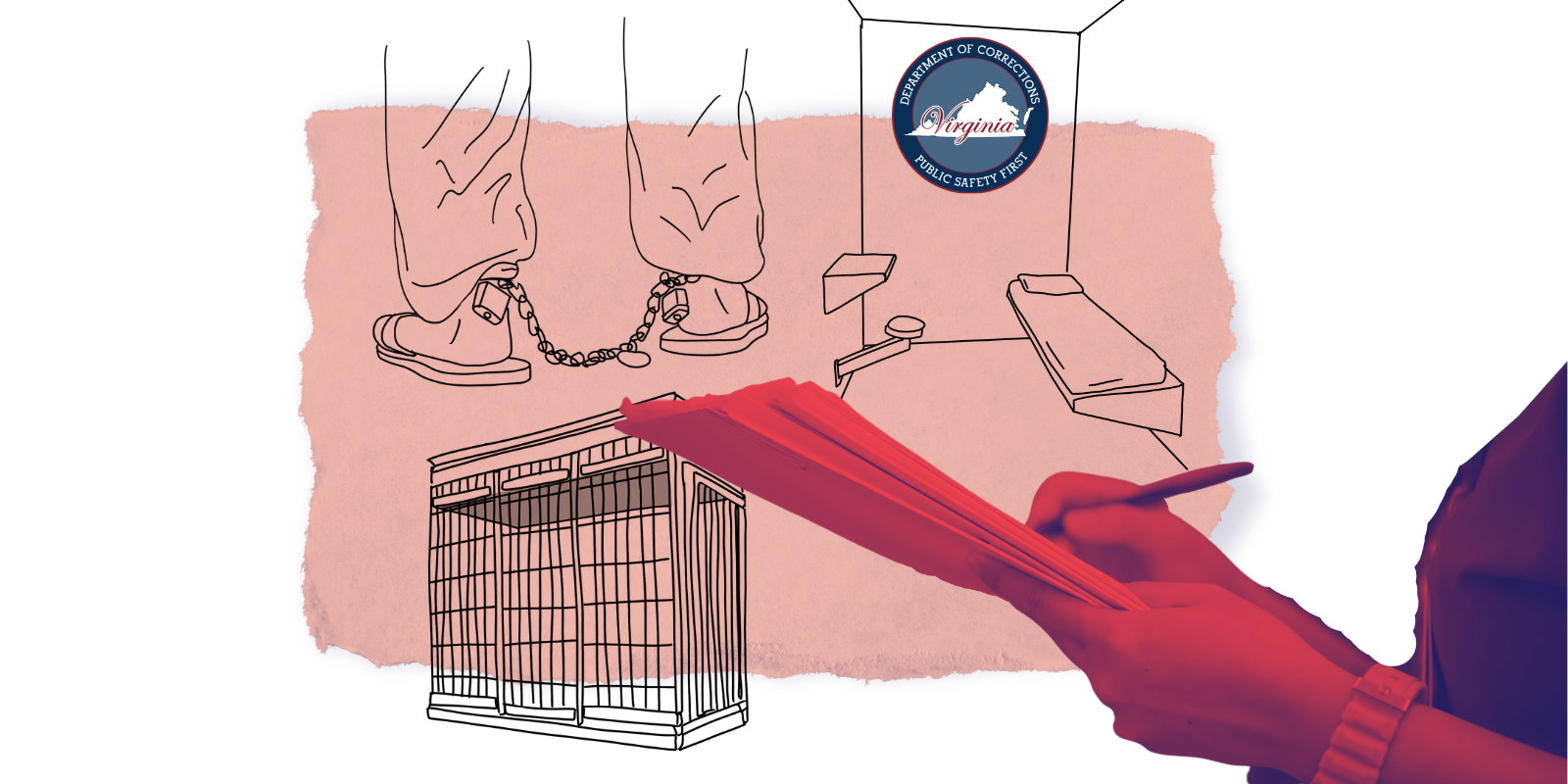 graphic with line drawing of prison cells and a cutout of a person writing a report to signal independent oversight of VA prisons